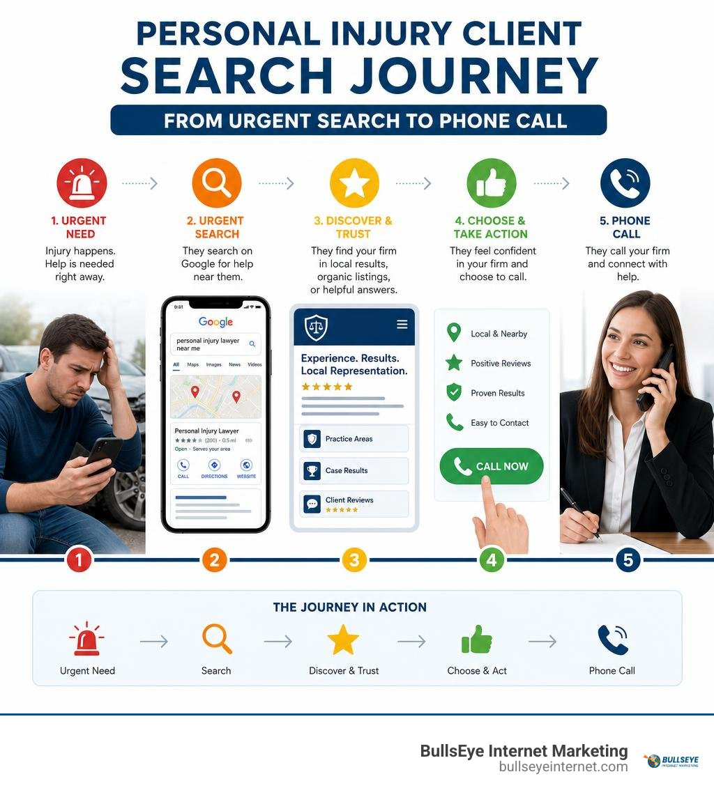 Personal injury client search journey from urgent search to phone call infographic Personal injury client search journey from urgent search to phone call infographic