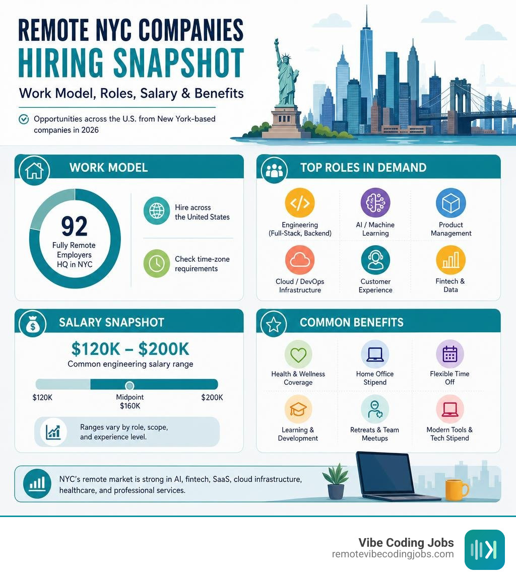 Remote NYC companies hiring snapshot: work model, roles, salary and benefits infographic
