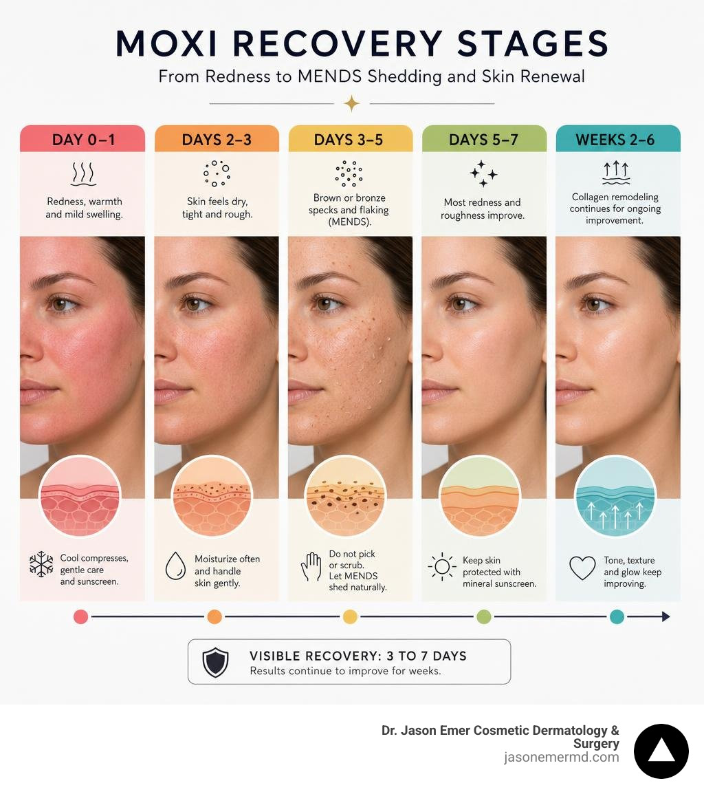 Moxi recovery stages from redness to MENDS shedding and skin renewal infographic