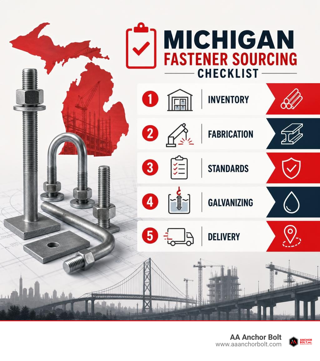 Michigan fastener sourcing checklist: inventory, fabrication, standards, galvanizing, delivery infographic Michigan fastener sourcing checklist: inventory, fabrication, standards, galvanizing, delivery infographic