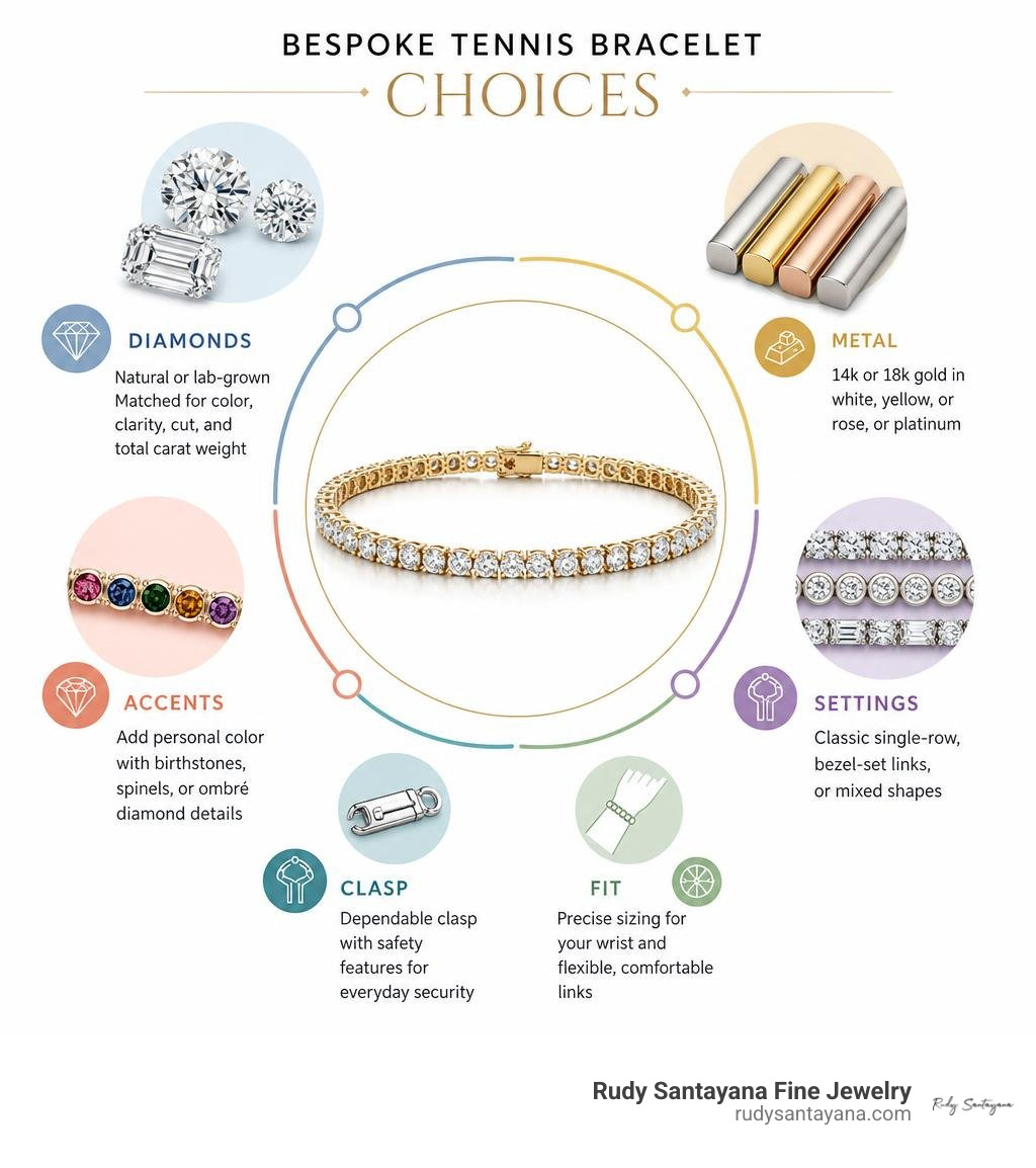 Bespoke tennis bracelet choices: diamonds, metal, settings, accents, fit, and clasp infographic Bespoke tennis bracelet choices: diamonds, metal, settings, accents, fit, and clasp infographic