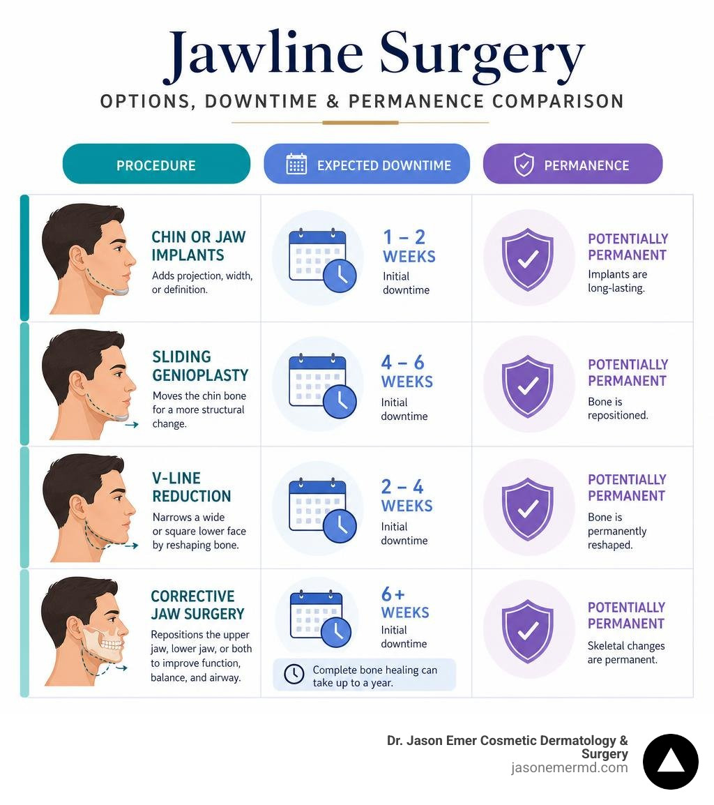 Jawline surgery options, expected downtime, and permanence comparison infographic