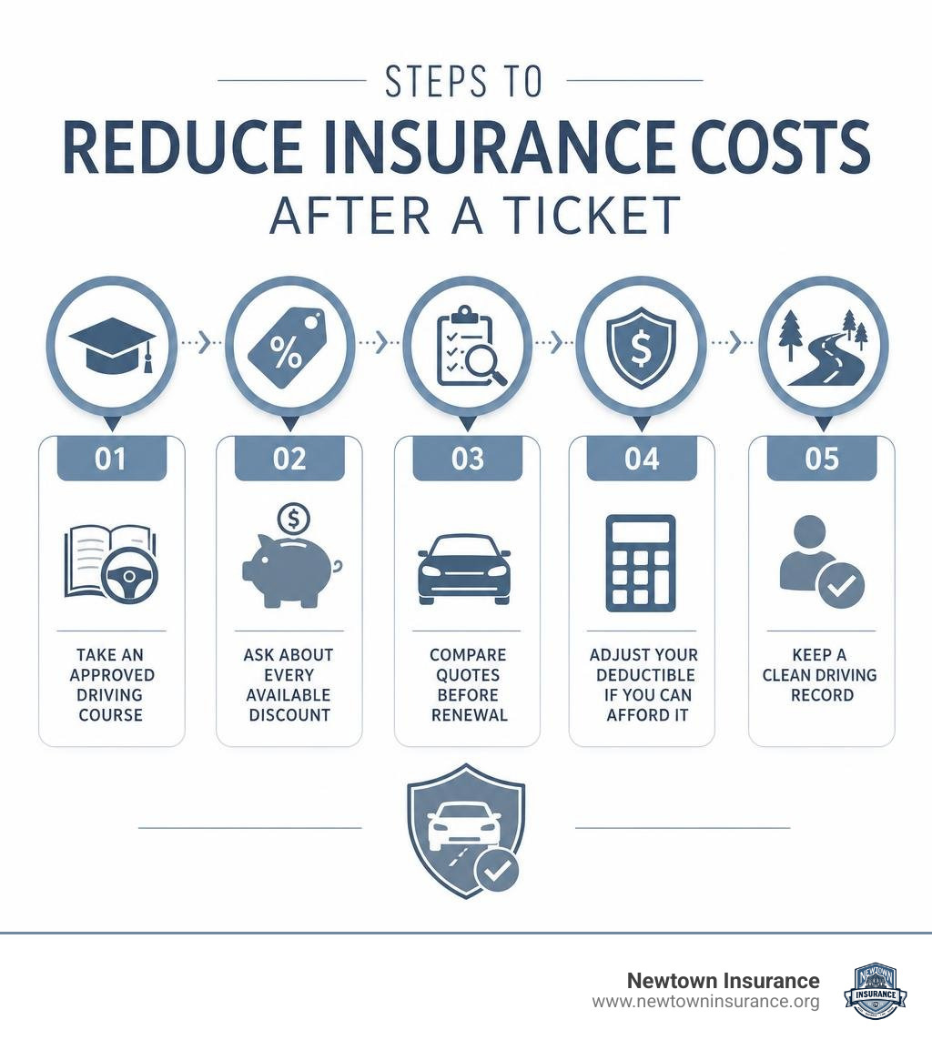 Steps to reduce insurance costs after a ticket: course, discounts, quotes, deductible, clean record infographic