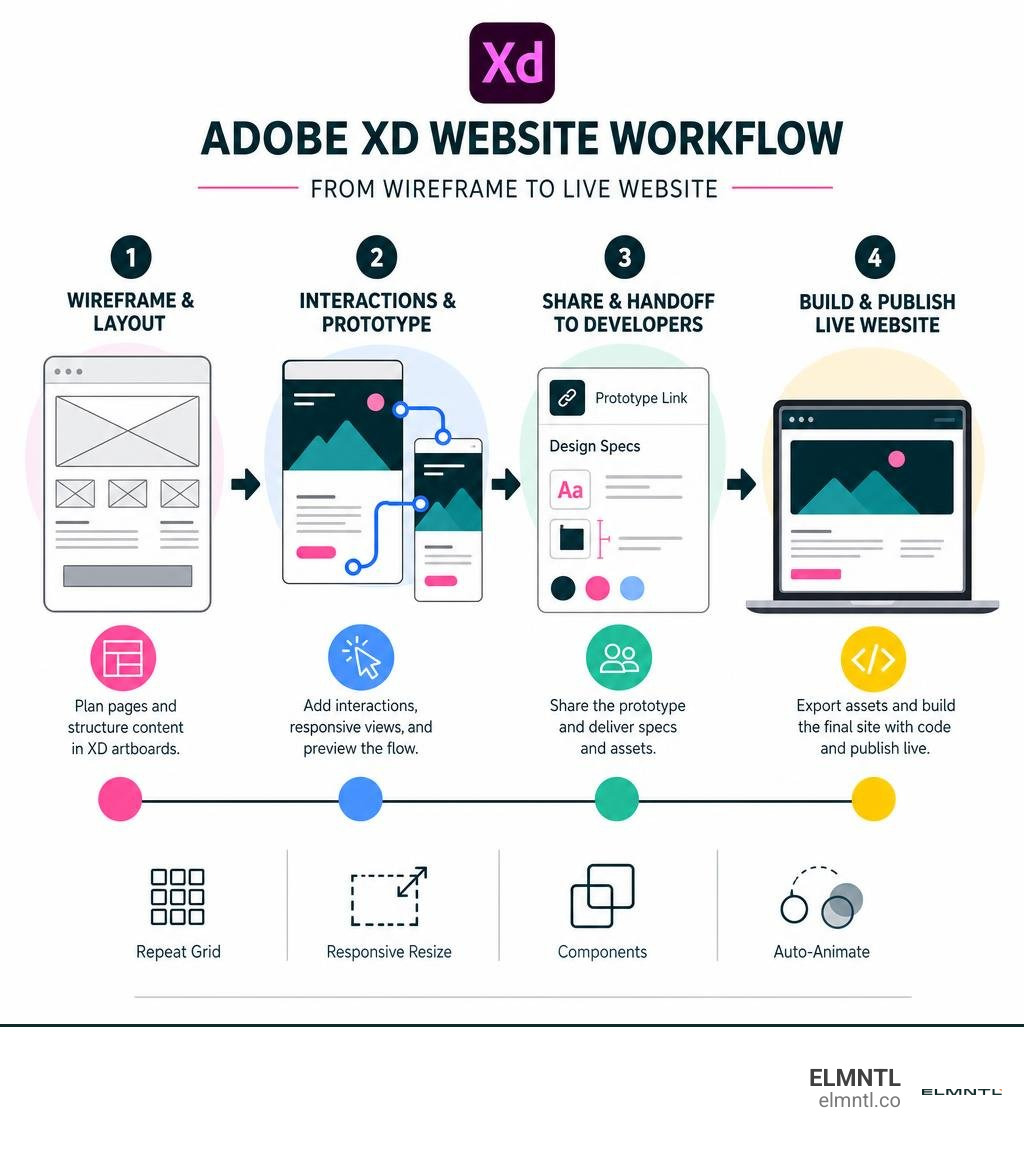 Adobe XD website workflow from wireframe through prototype handoff and live code infographic Adobe XD website workflow from wireframe through prototype handoff and live code infographic