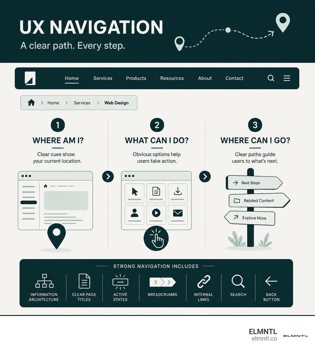 Infographic showing where am I what can I do and where can I go in UX navigation infographic Infographic showing where am I what can I do and where can I go in UX navigation infographic