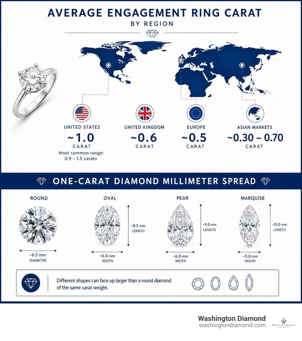 Average engagement ring carat by region and one-carat diamond millimeter spread infographic Average engagement ring carat by region and one-carat diamond millimeter spread infographic