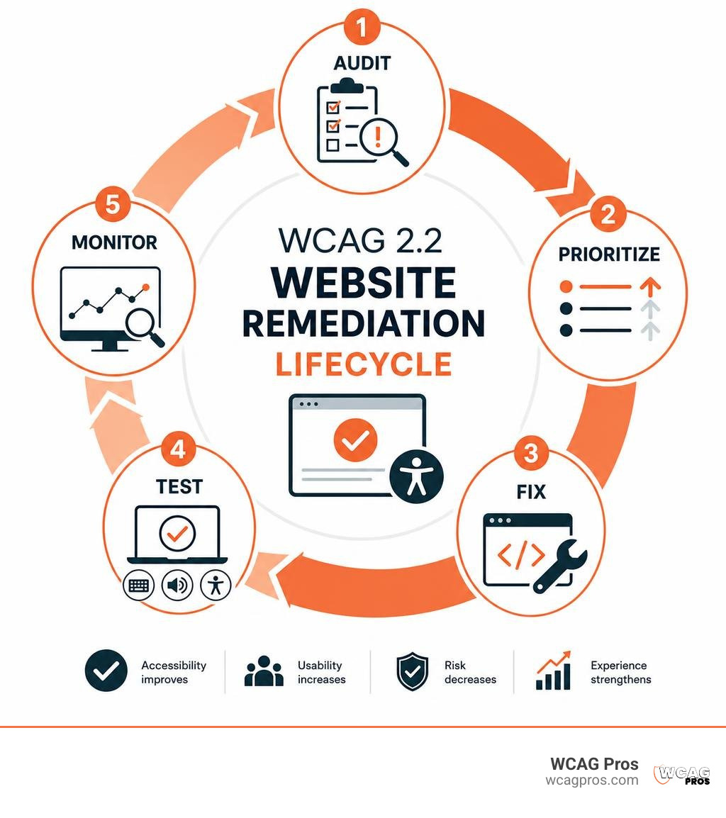 WCAG 2.2 website remediation lifecycle: audit, prioritize, fix, test, monitor infographic WCAG 2.2 website remediation lifecycle: audit, prioritize, fix, test, monitor infographic