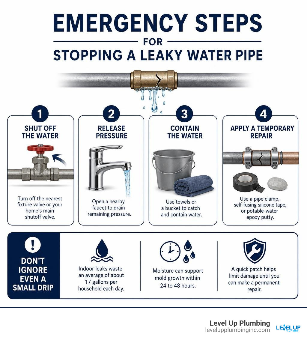 Emergency steps for stopping a leaky water pipe infographic