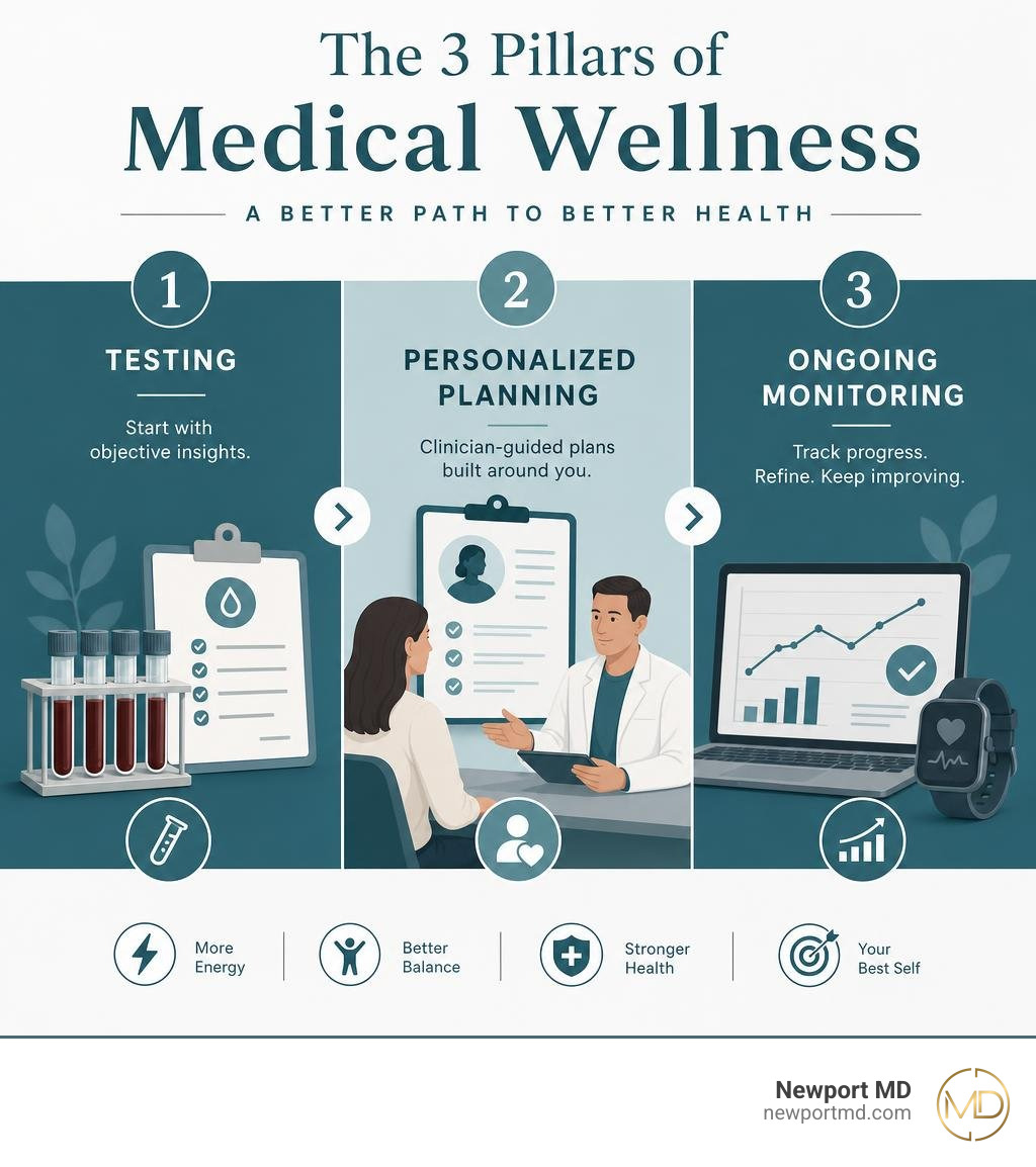 Infographic comparing testing, personalized planning, and ongoing monitoring in medical wellness infographic