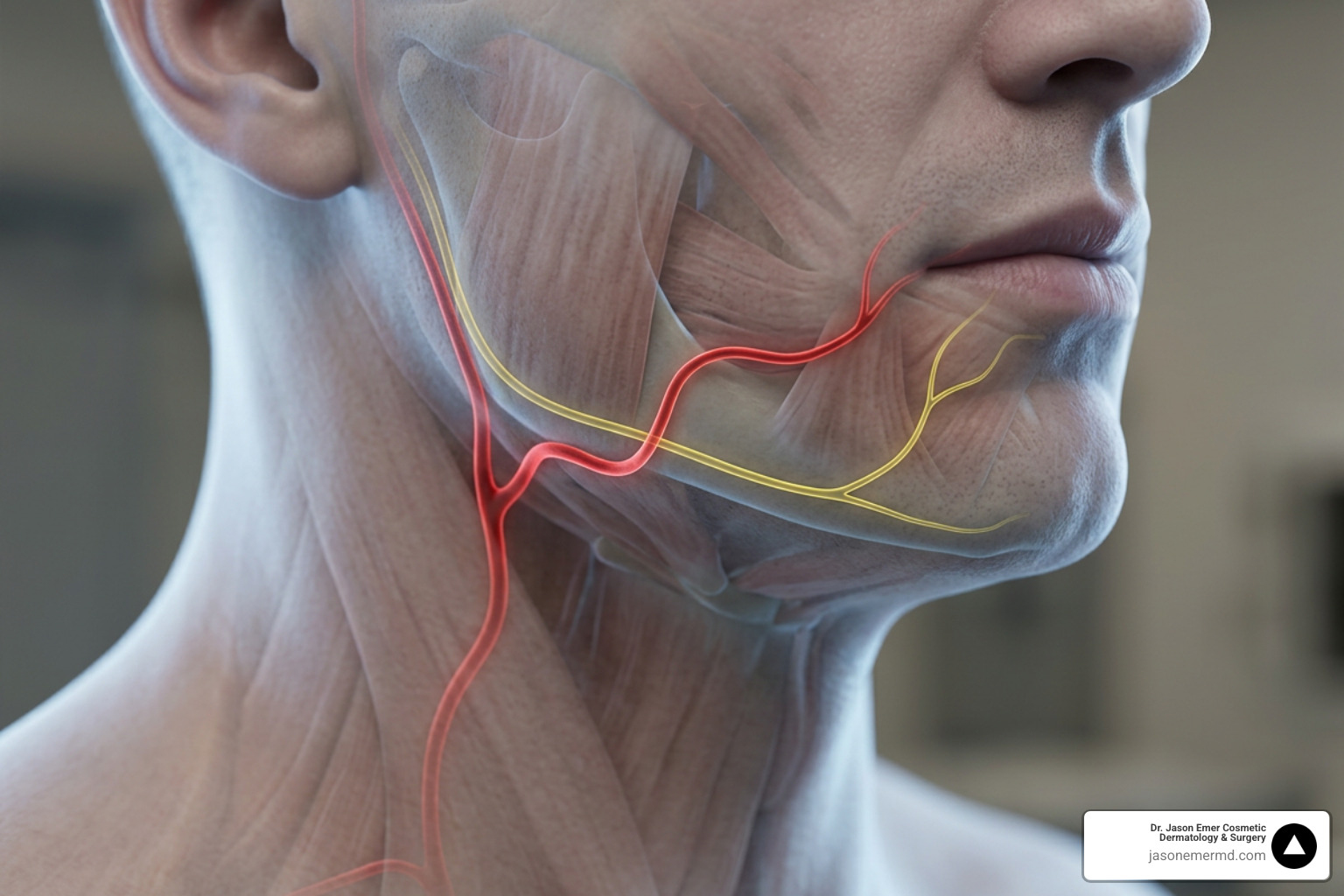 Lower facial vascular danger zones showing facial artery and marginal mandibular nerve pathways
