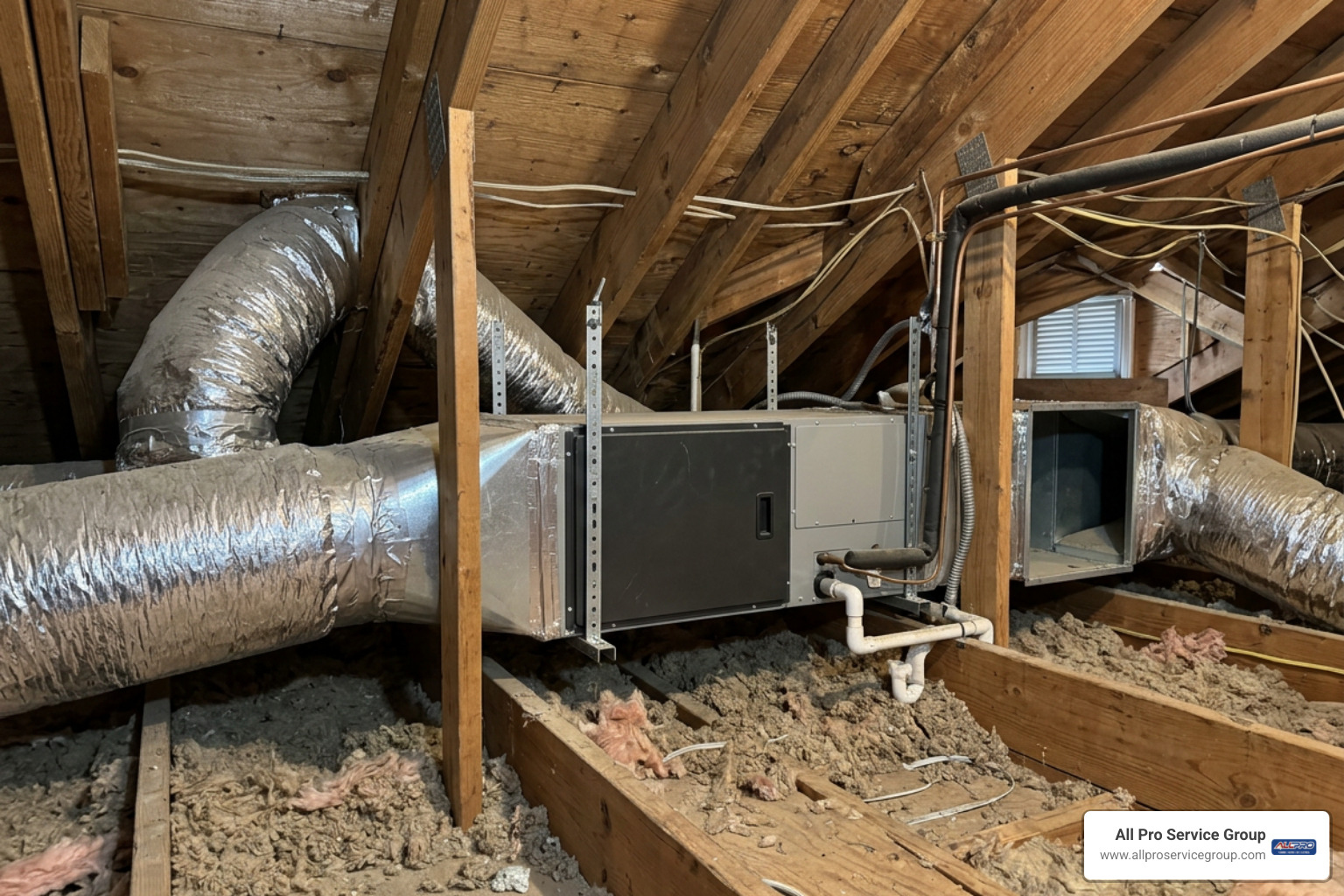 Slim duct indoor air handler mounted in attic joists