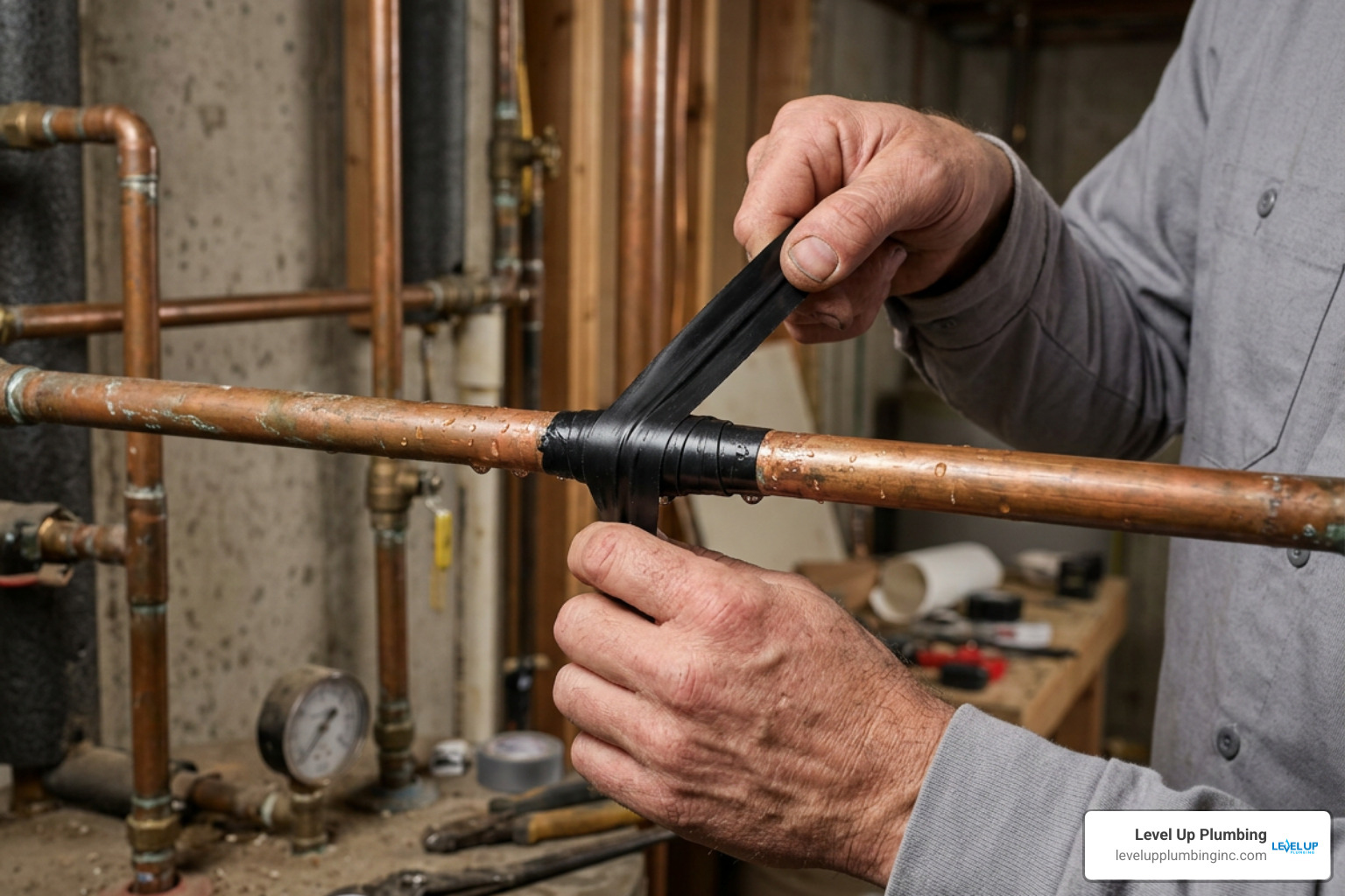 Applying self-fusing silicone repair tape to a leaking pipe