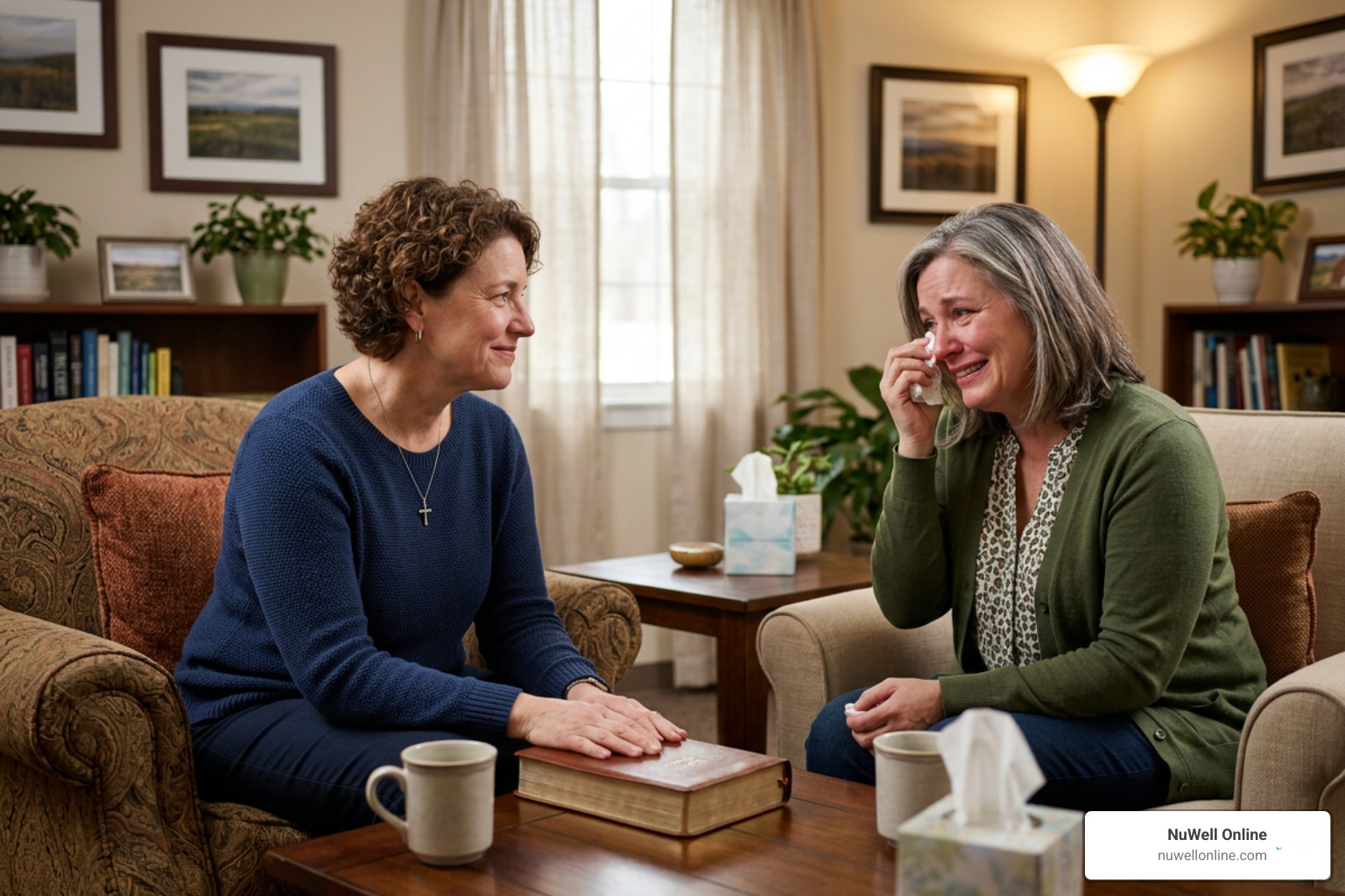 Christian counselor offering empathetic care for spiritual recovery Christian counselor offering empathetic care for spiritual recovery