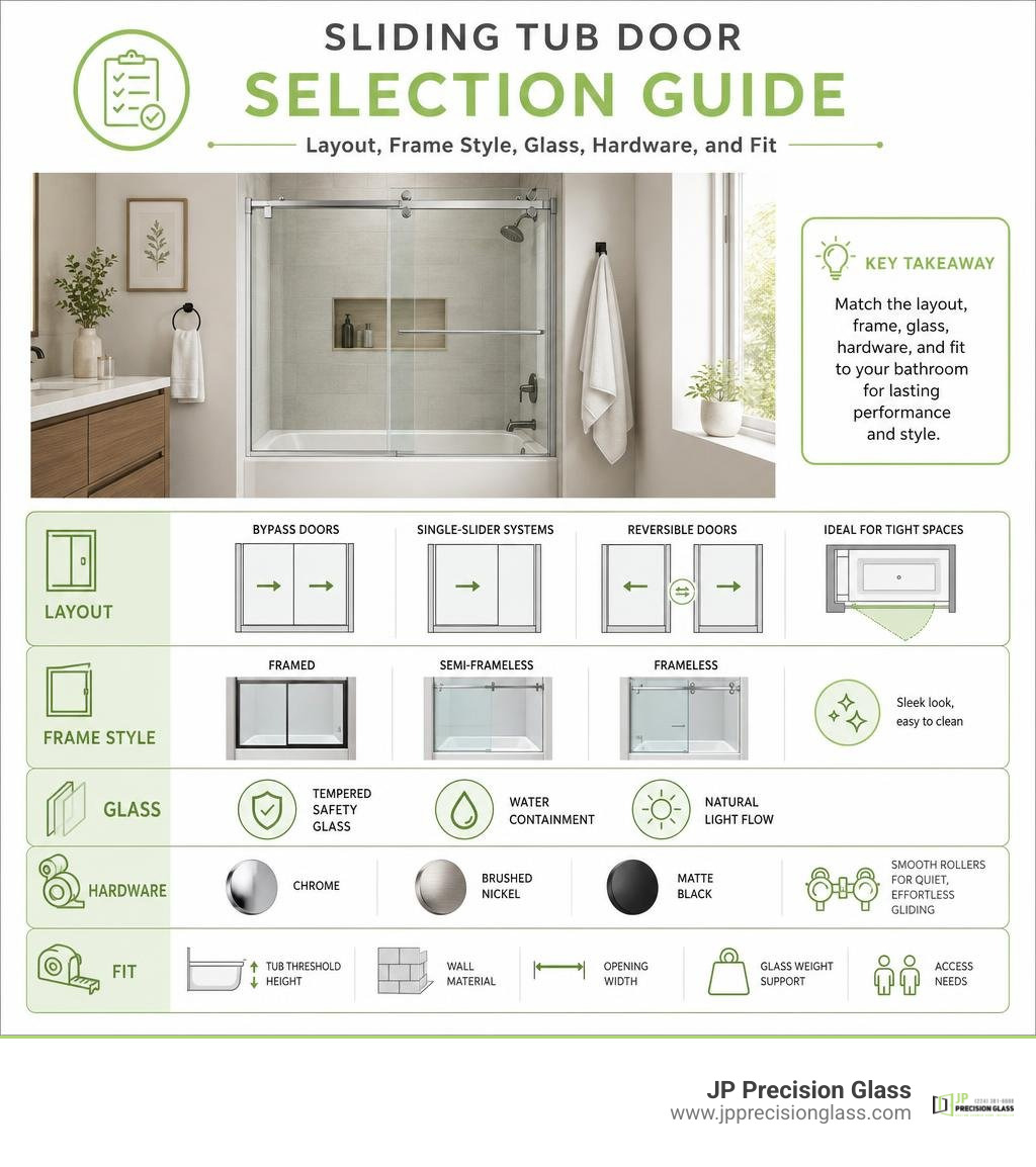 Sliding tub door selection guide: layout, frame style, glass, hardware, and fit infographic Sliding tub door selection guide: layout, frame style, glass, hardware, and fit infographic