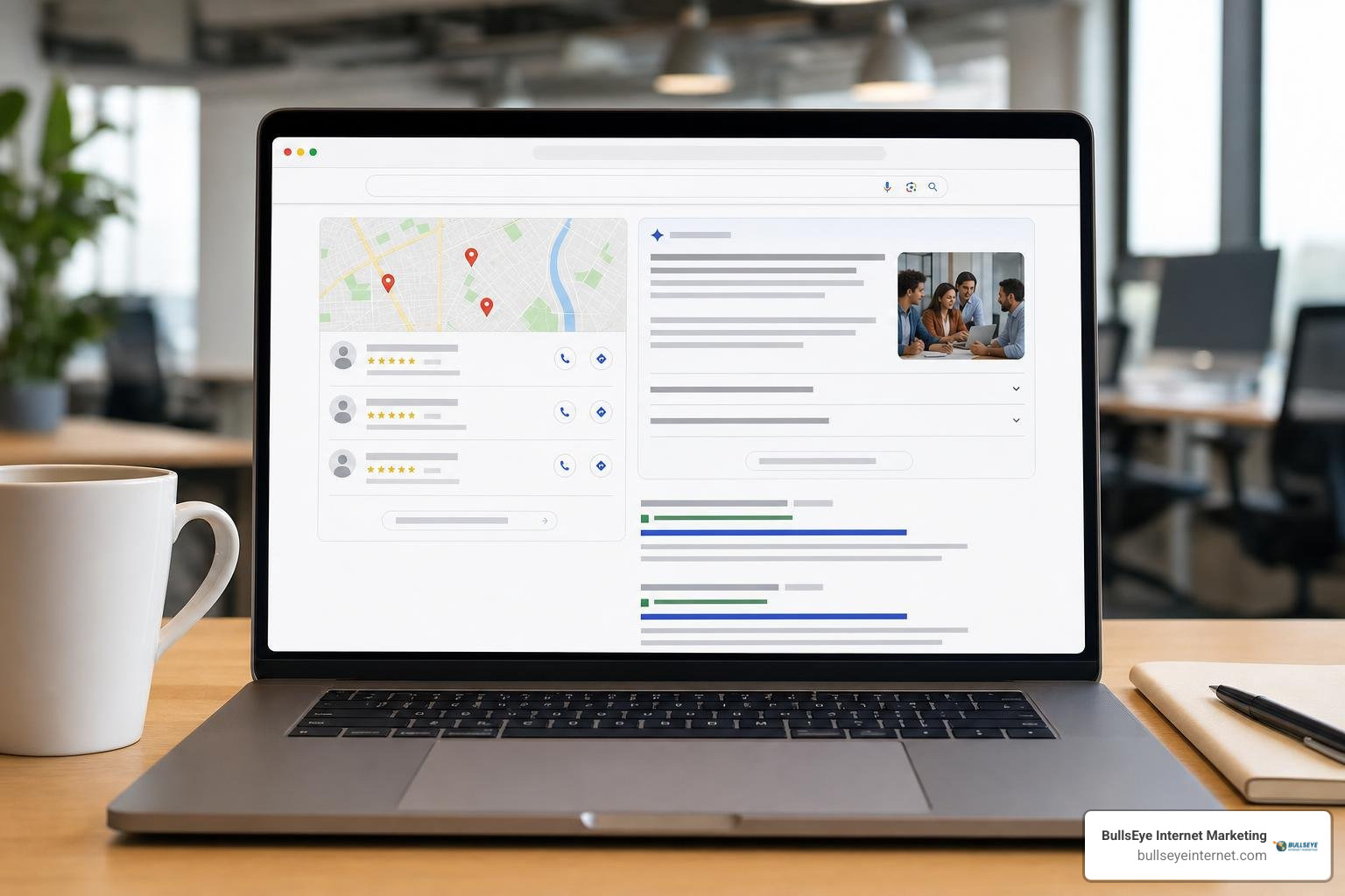 SERP anatomy comparing Local Map Pack, Google AI Overviews, and organic search results SERP anatomy comparing Local Map Pack, Google AI Overviews, and organic search results