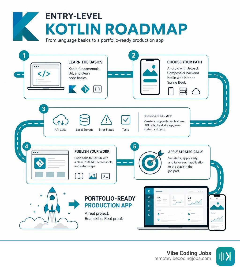 Entry-level Kotlin roadmap from language basics to a portfolio-ready production app infographic Entry-level Kotlin roadmap from language basics to a portfolio-ready production app infographic