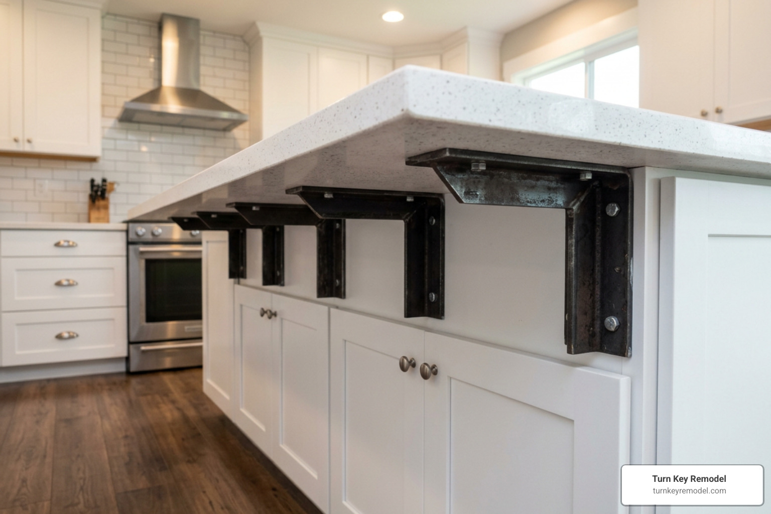 Concealed steel support brackets under a quartz countertop overhang Concealed steel support brackets under a quartz countertop overhang