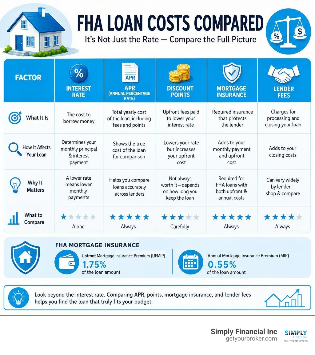 Infographic comparing FHA rate APR points mortgage insurance and lender fees infographic Infographic comparing FHA rate APR points mortgage insurance and lender fees infographic