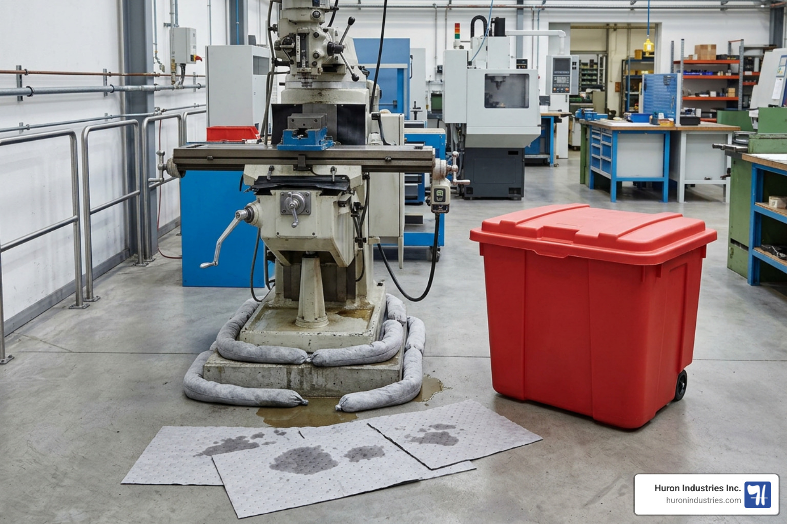 drum spill kit with socks and pads deployed around machinery drum spill kit with socks and pads deployed around machinery
