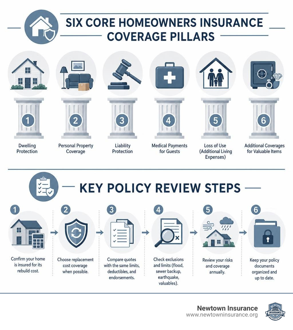 Six core homeowners insurance coverage pillars and key policy review steps infographic Six core homeowners insurance coverage pillars and key policy review steps infographic