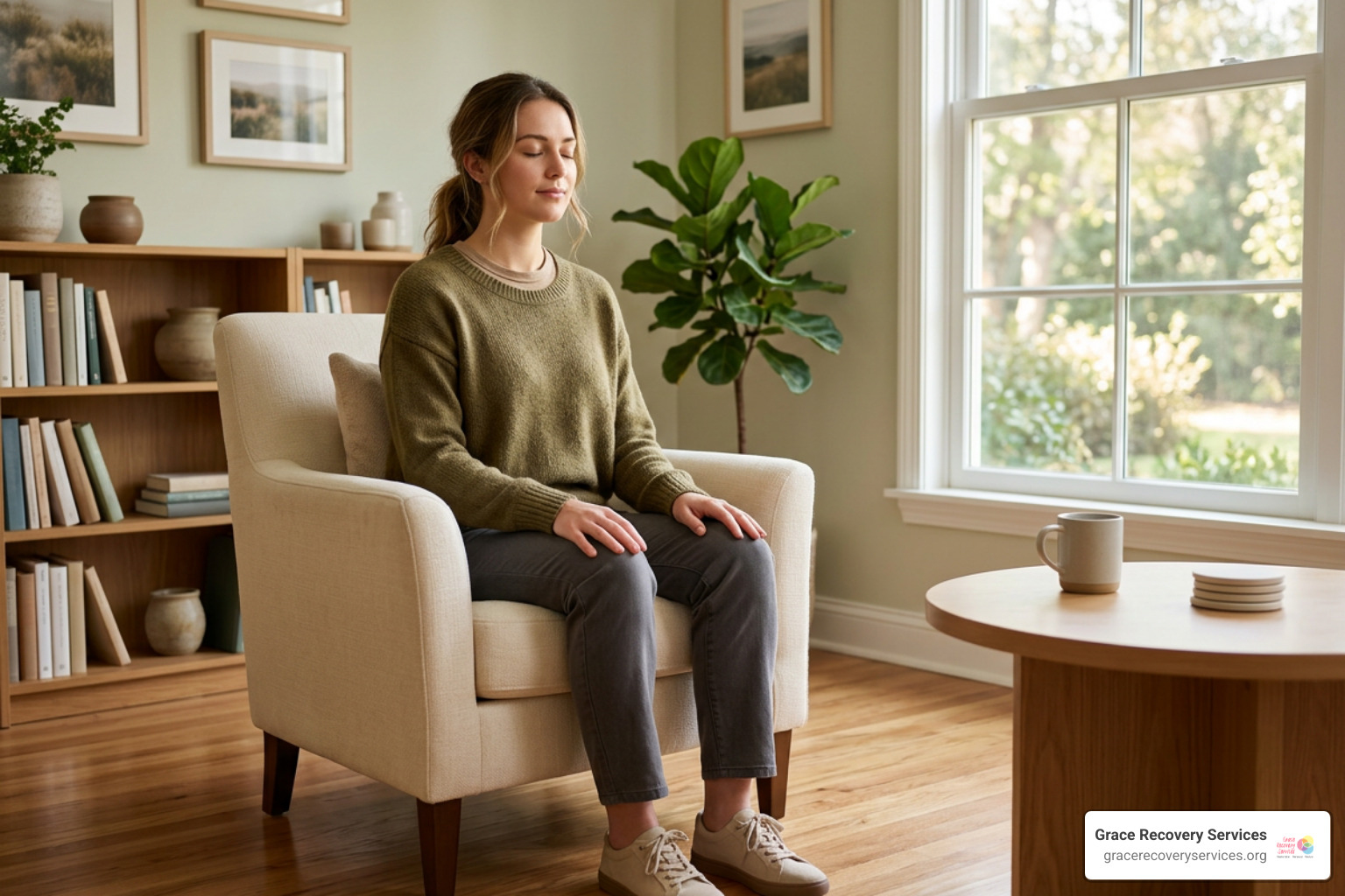 An individual engaging in healthy outpatient self-regulation and grounding strategies An individual engaging in healthy outpatient self-regulation and grounding strategies