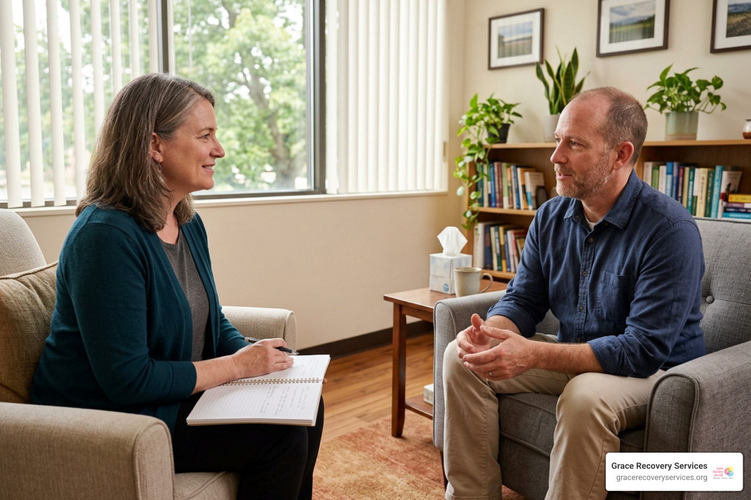 A compassionate therapist guiding an outpatient client through a calm evidence-based processing session A compassionate therapist guiding an outpatient client through a calm evidence-based processing session