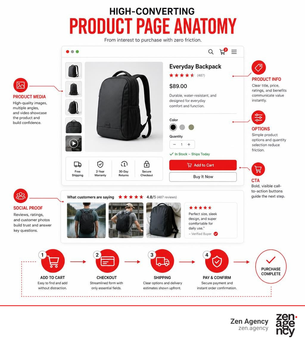 High-converting product page anatomy with product media proof CTA and checkout infographic High-converting product page anatomy with product media proof CTA and checkout infographic