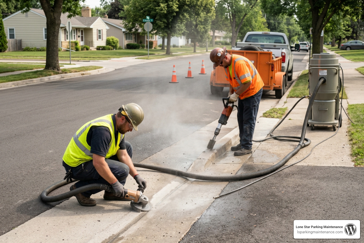 workers operating mechanical curb cleaning tools with dust extraction