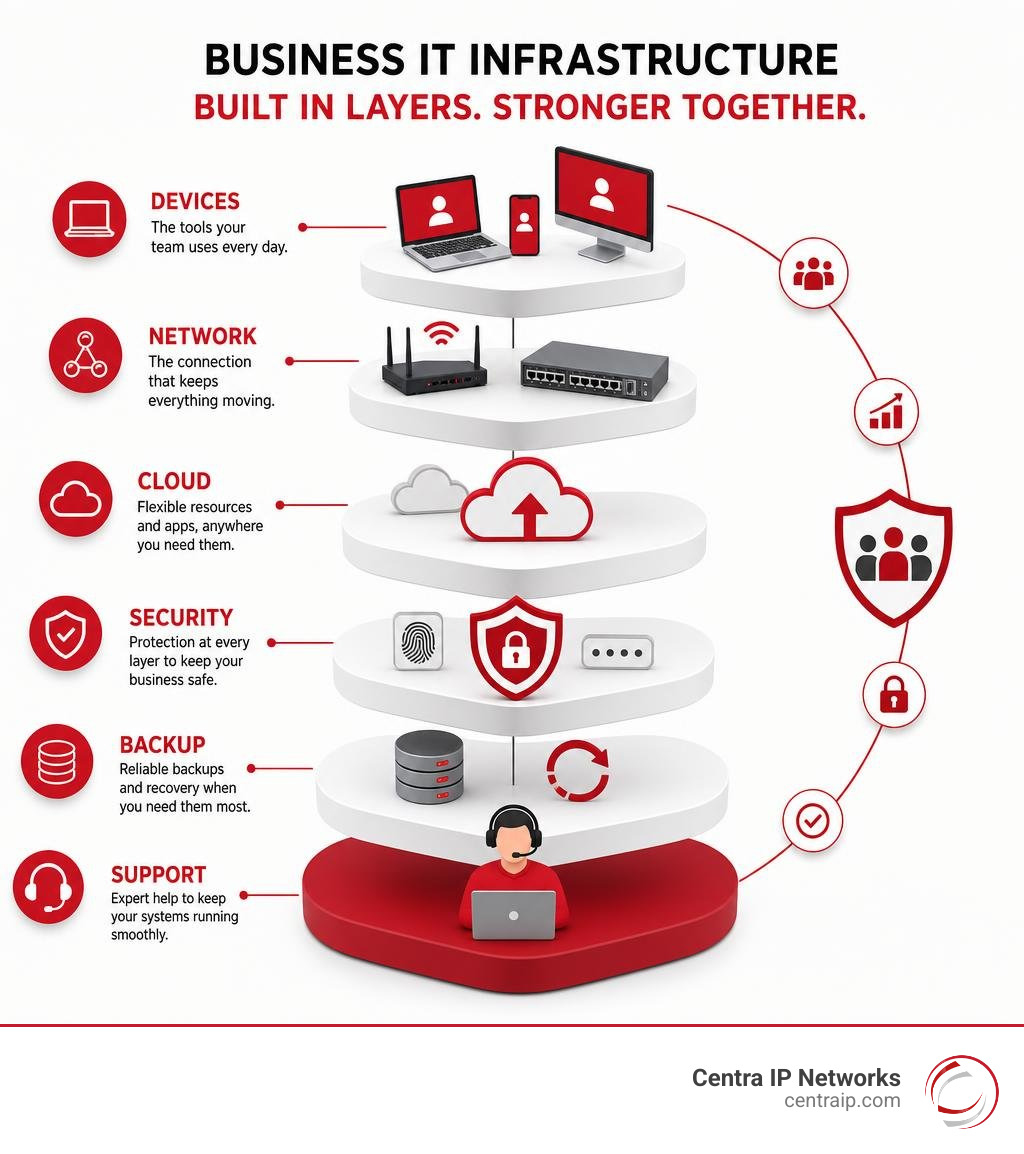 Business IT infrastructure layers: devices, network, cloud, security, backup, and support infographic Business IT infrastructure layers: devices, network, cloud, security, backup, and support infographic