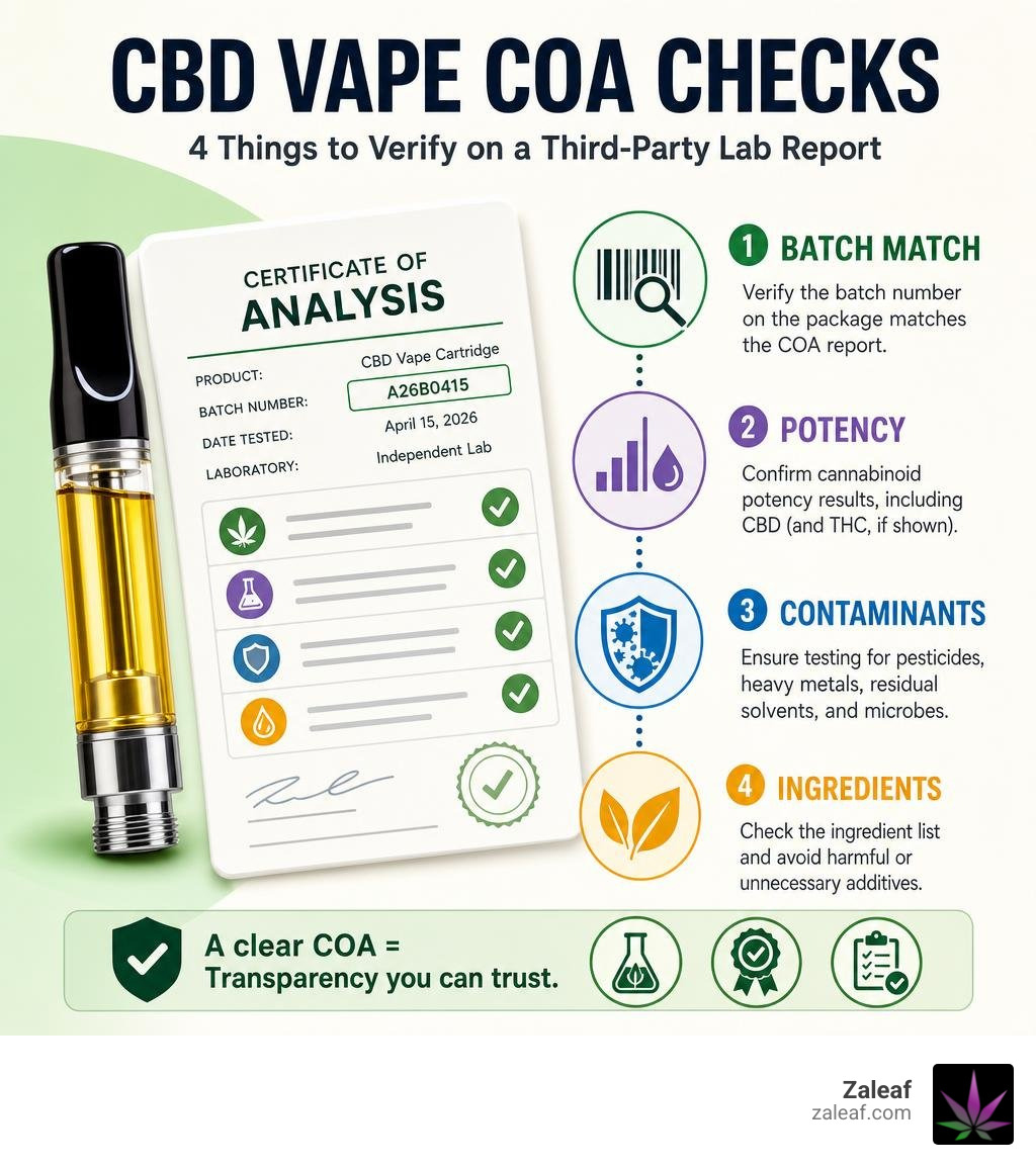 Infographic showing CBD vape COA checks: batch match, potency, contaminants, ingredients infographic Infographic showing CBD vape COA checks: batch match, potency, contaminants, ingredients infographic