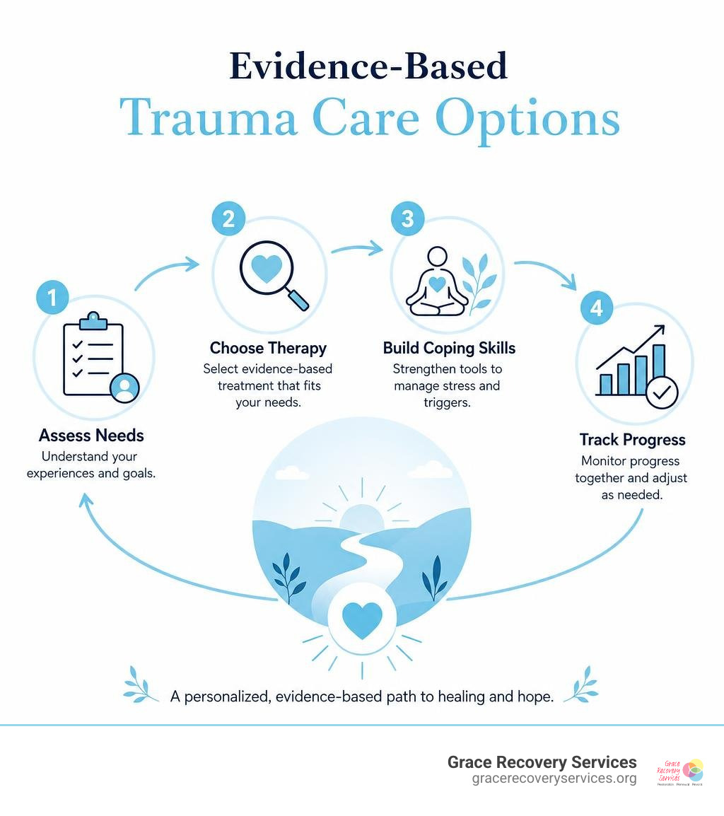 Evidence-based trauma care options: assess needs, choose therapy, build coping skills, track progress infographic Evidence-based trauma care options: assess needs, choose therapy, build coping skills, track progress infographic