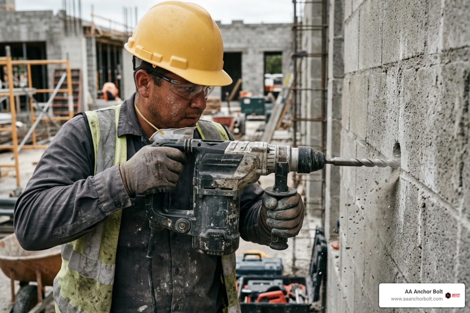 Rotary hammer drilling into concrete block Rotary hammer drilling into concrete block