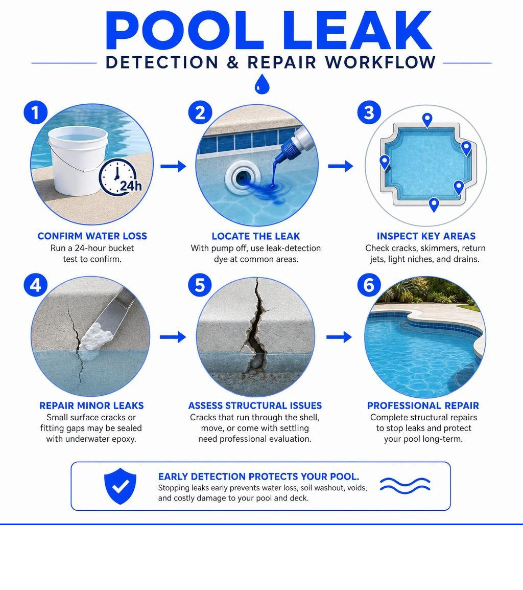 Pool leak detection and repair workflow infographic Pool leak detection and repair workflow infographic