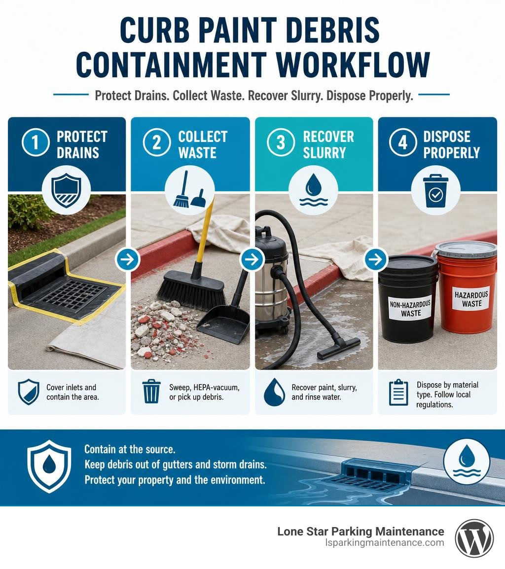 Curb paint debris containment workflow: protect drains, collect waste, recover slurry, dispose properly infographic