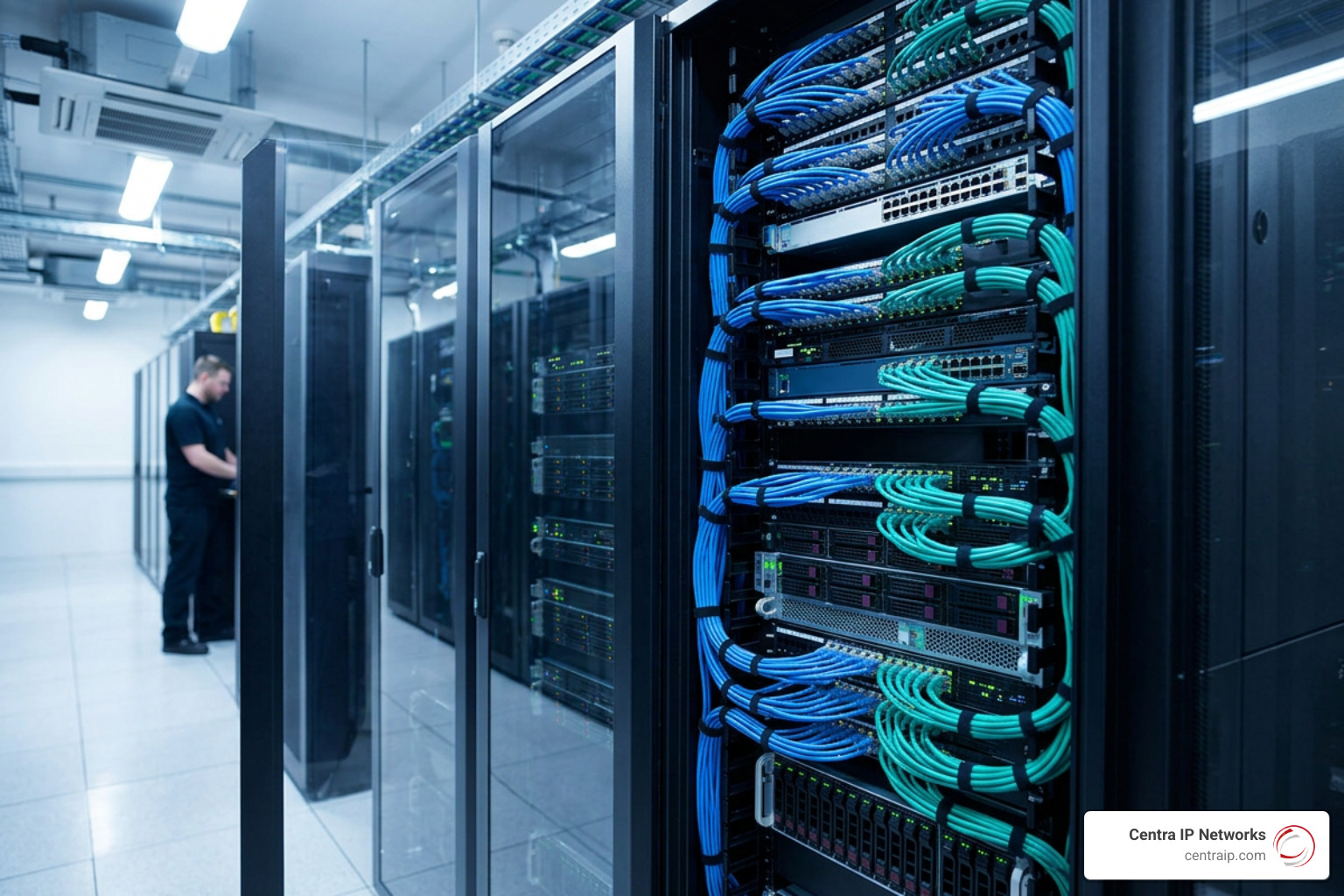 A clean, modern enterprise server rack and organized structured cabling setup A clean, modern enterprise server rack and organized structured cabling setup