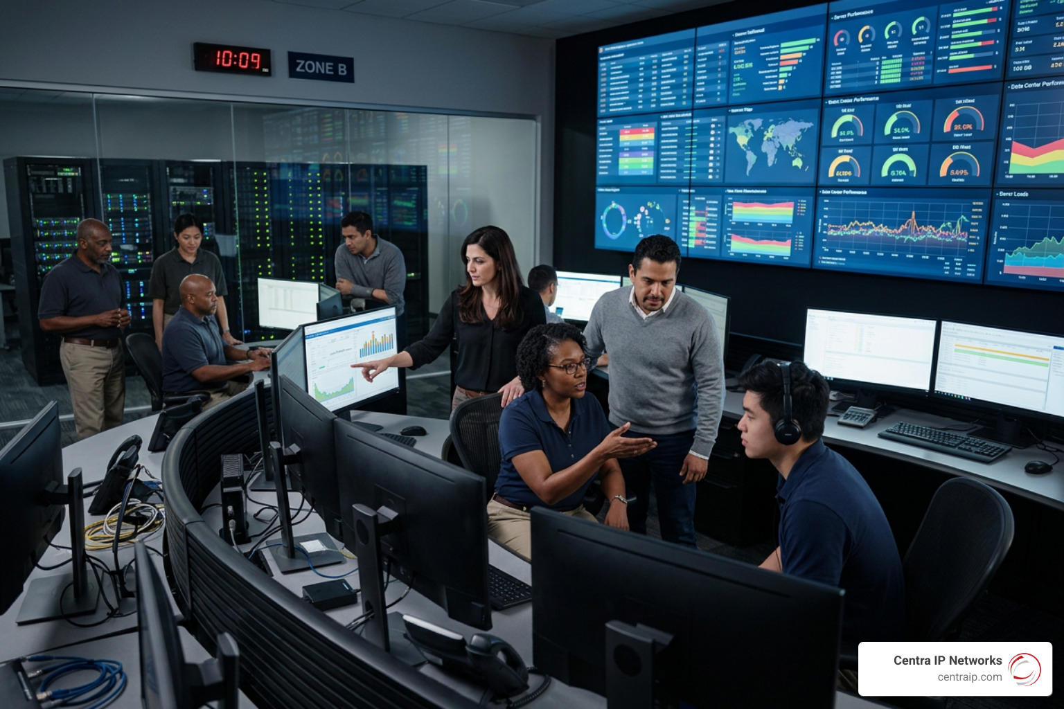 A network operations team actively monitoring modern cloud infrastructure performance A network operations team actively monitoring modern cloud infrastructure performance