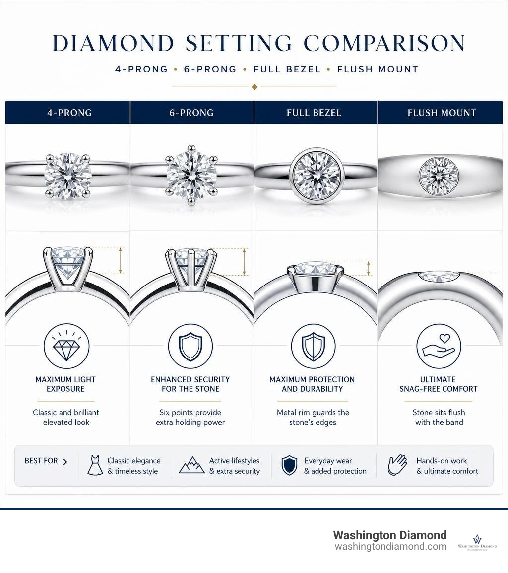 Diamond setting comparison: 4-prong, 6-prong, full bezel, and flush mount infographic Diamond setting comparison: 4-prong, 6-prong, full bezel, and flush mount infographic