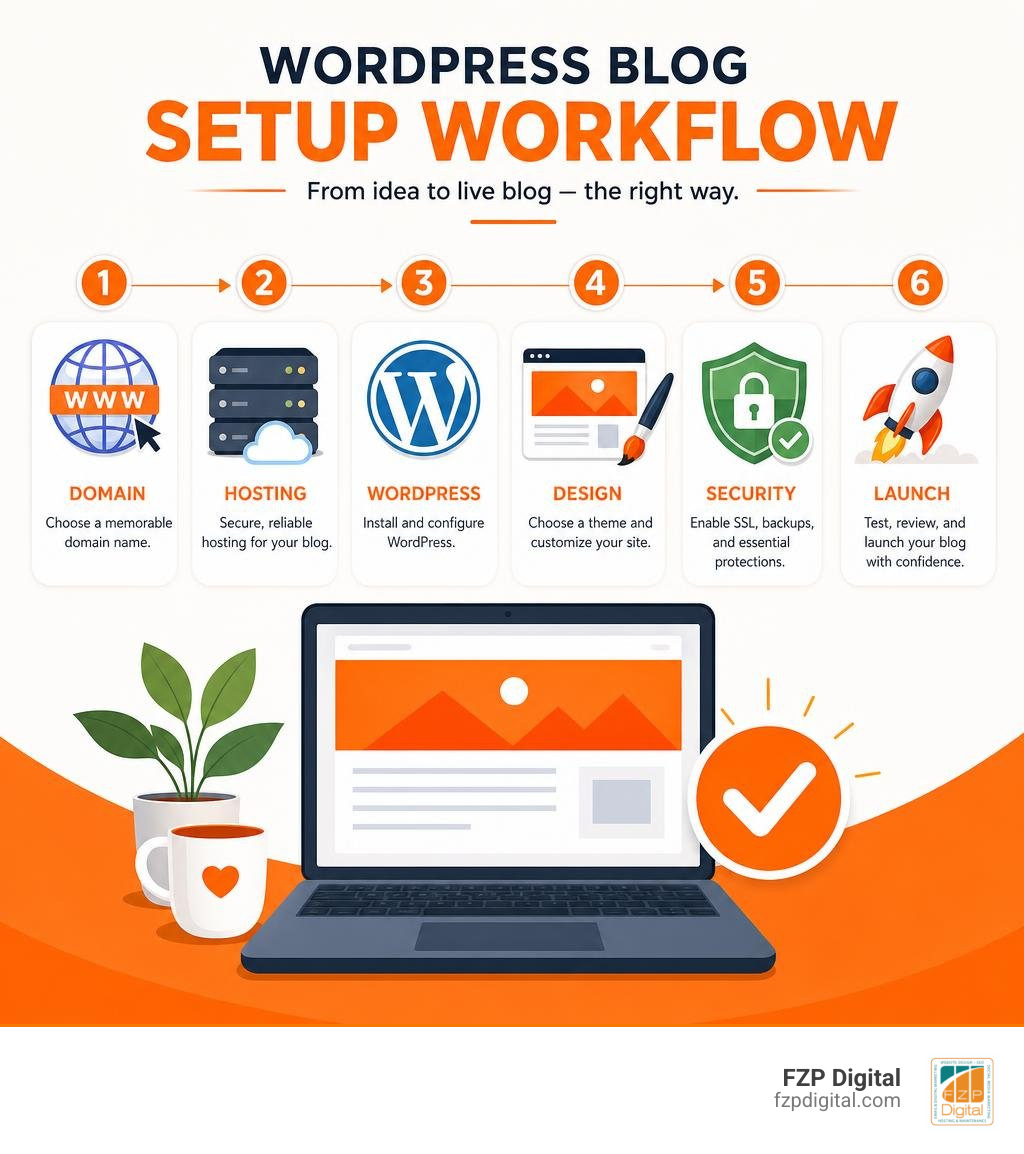 WordPress blog setup workflow: domain, hosting, WordPress, design, security, launch infographic WordPress blog setup workflow: domain, hosting, WordPress, design, security, launch infographic
