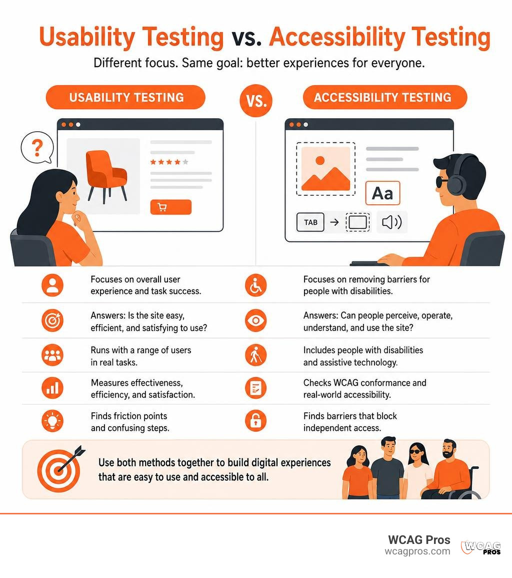 Infographic comparing usability testing and accessibility testing methods infographic Infographic comparing usability testing and accessibility testing methods infographic