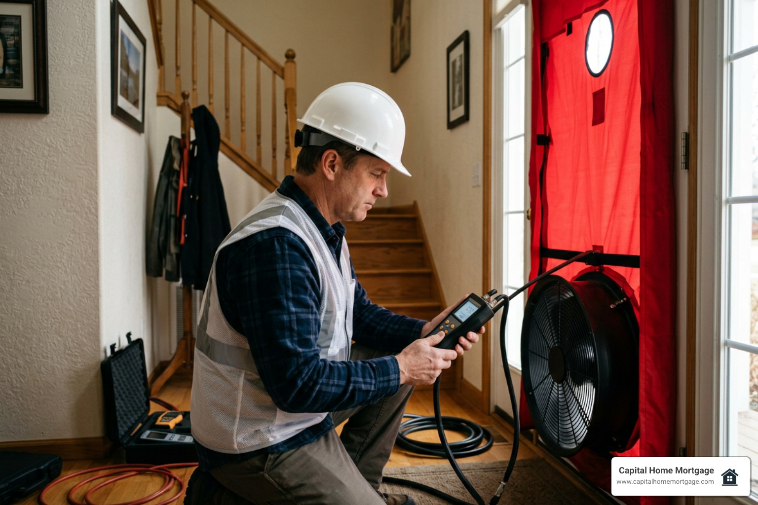 certified energy auditor conducting a blower door test certified energy auditor conducting a blower door test