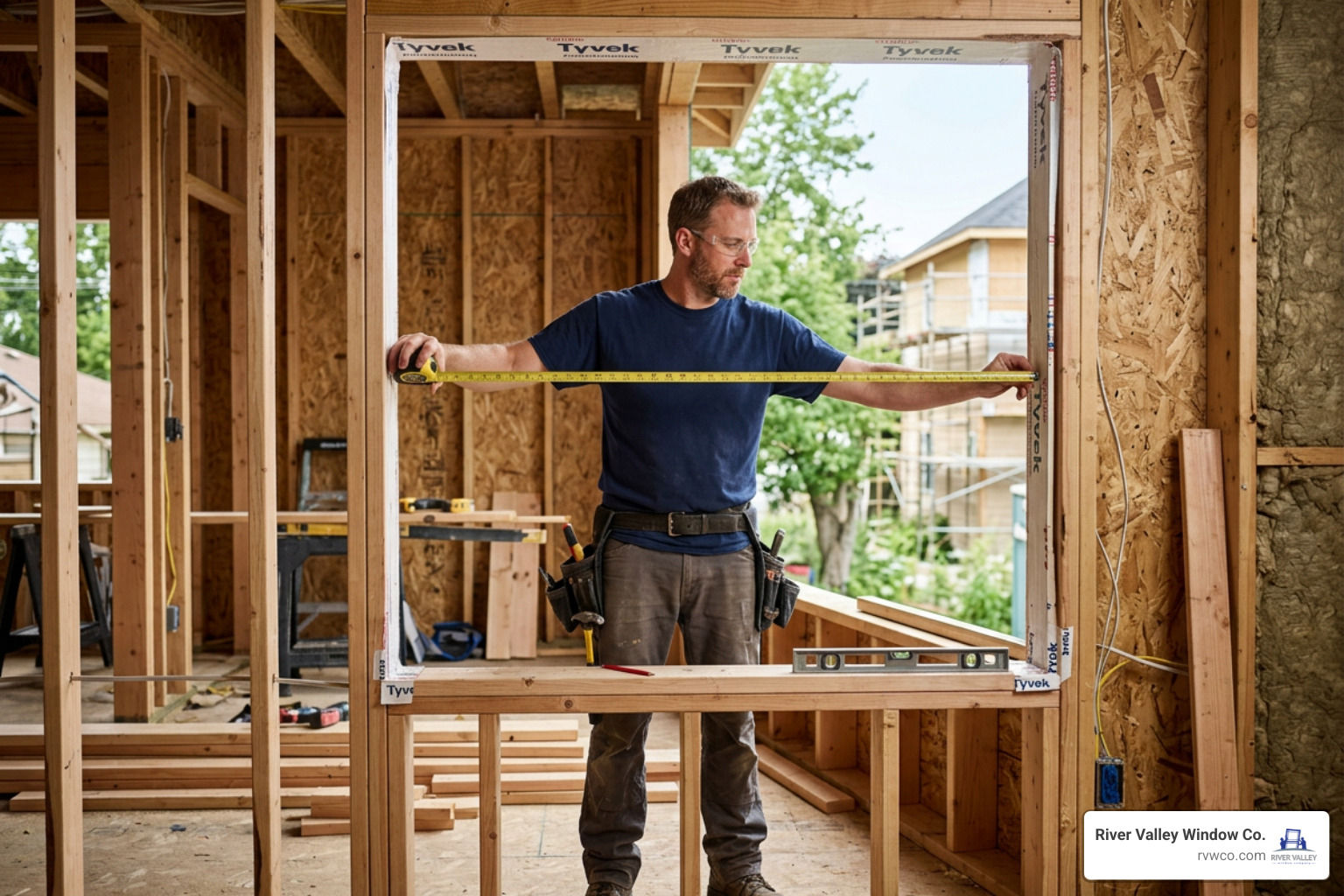 professional installer measuring an opening for a custom vinyl window