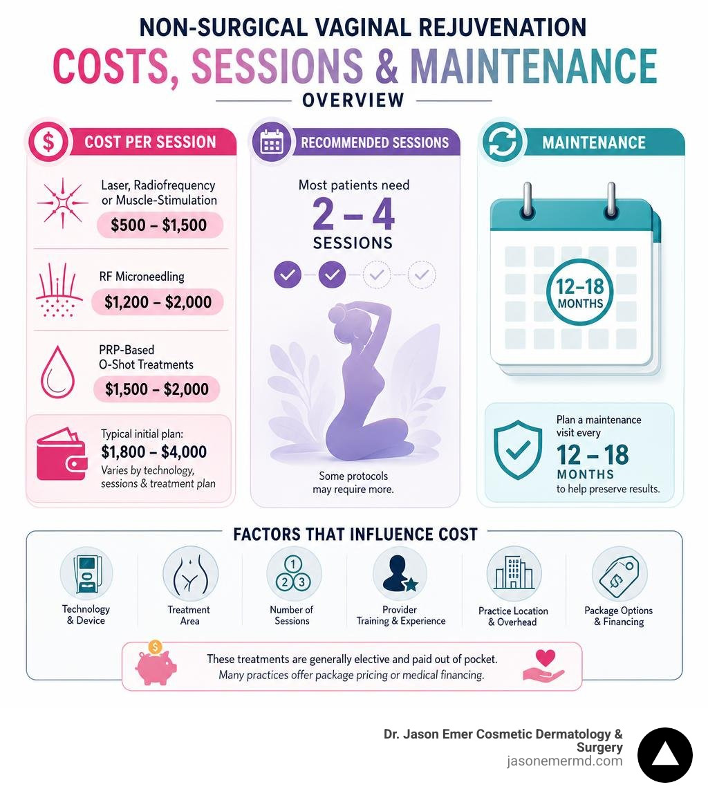 Non-surgical vaginal rejuvenation treatment costs, sessions, and maintenance overview infographic