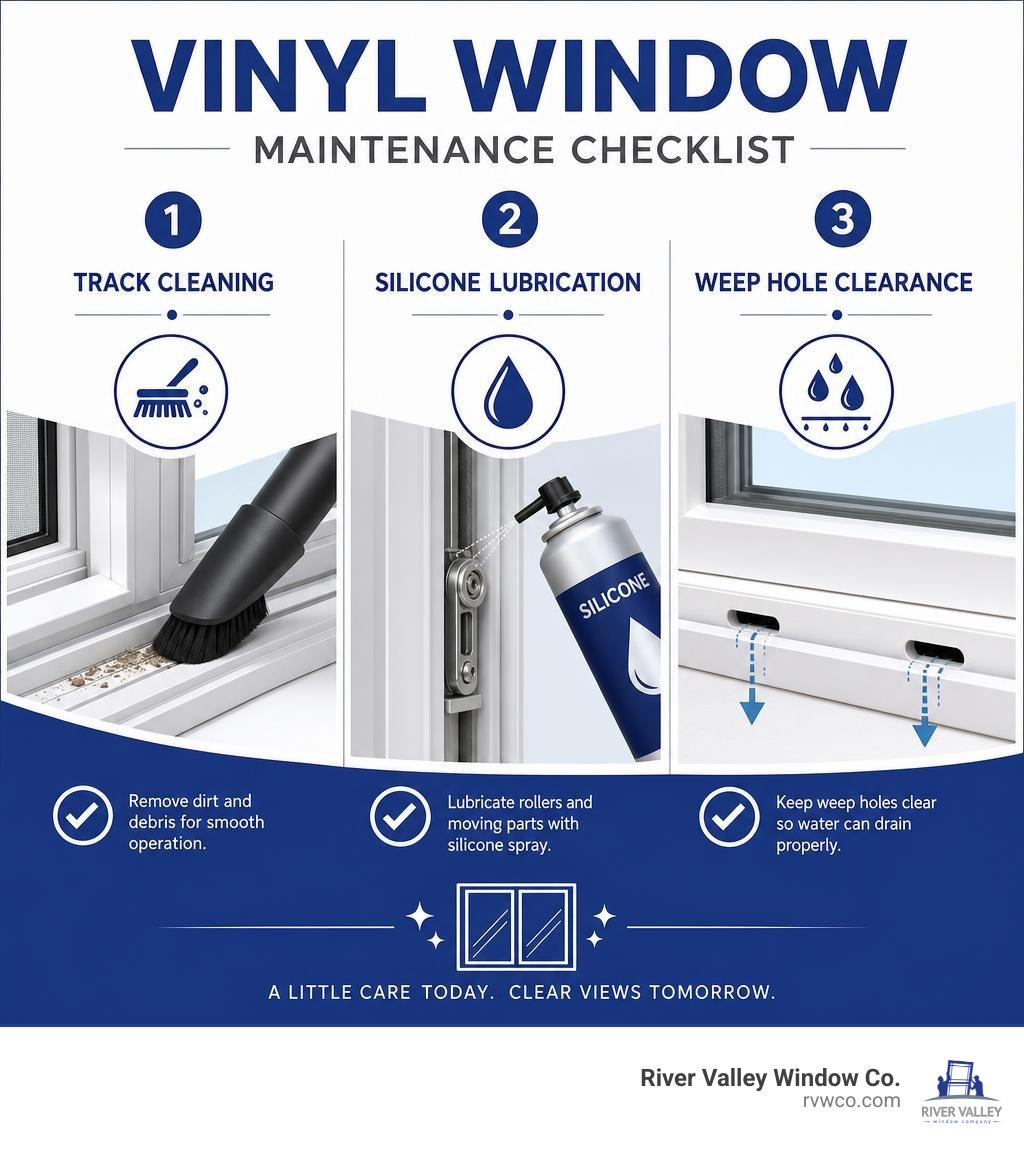 vinyl window maintenance checklist: track cleaning, silicone lubrication, and weep hole clearance infographic vinyl window maintenance checklist: track cleaning, silicone lubrication, and weep hole clearance infographic