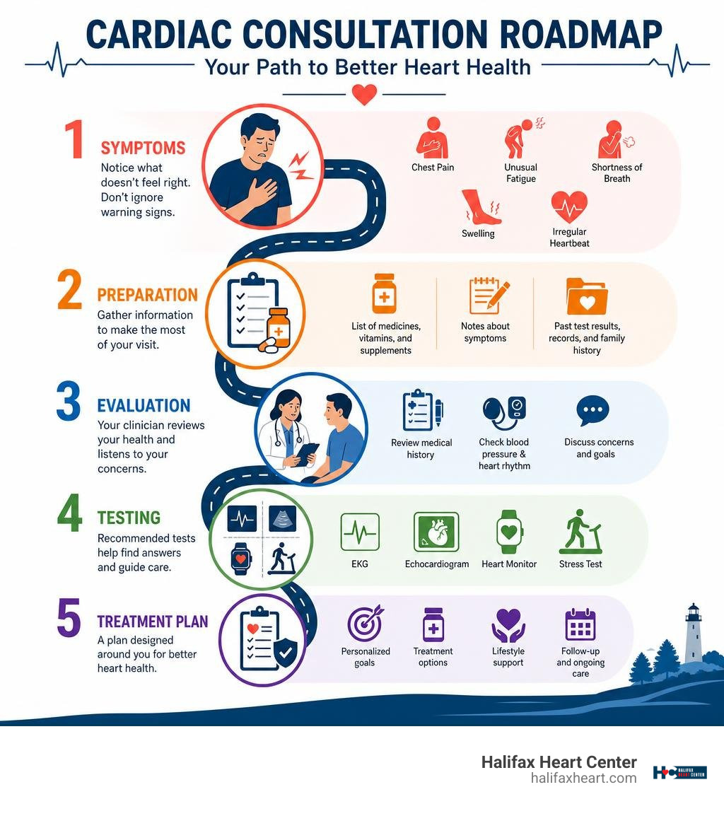 Cardiac consultation roadmap: symptoms, preparation, evaluation, testing, treatment plan infographic