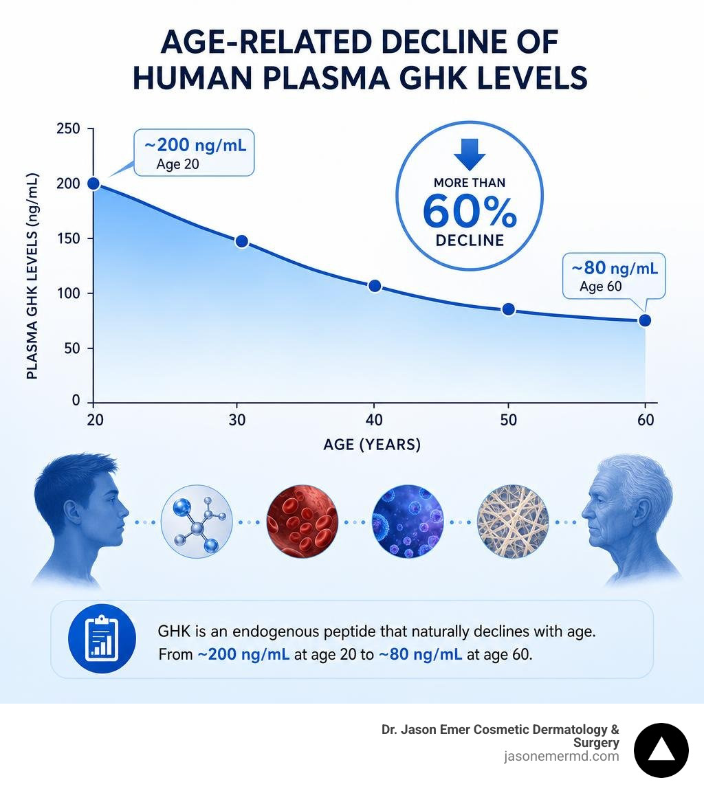 Graph depicting age-related decline of human plasma GHK levels from age 20 to 60 infographic