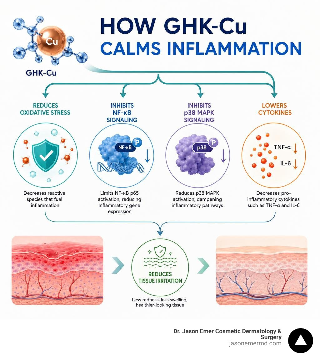 GHK-Cu reduces oxidative stress, NF-kB and p38 signaling, cytokines, and tissue irritation infographic