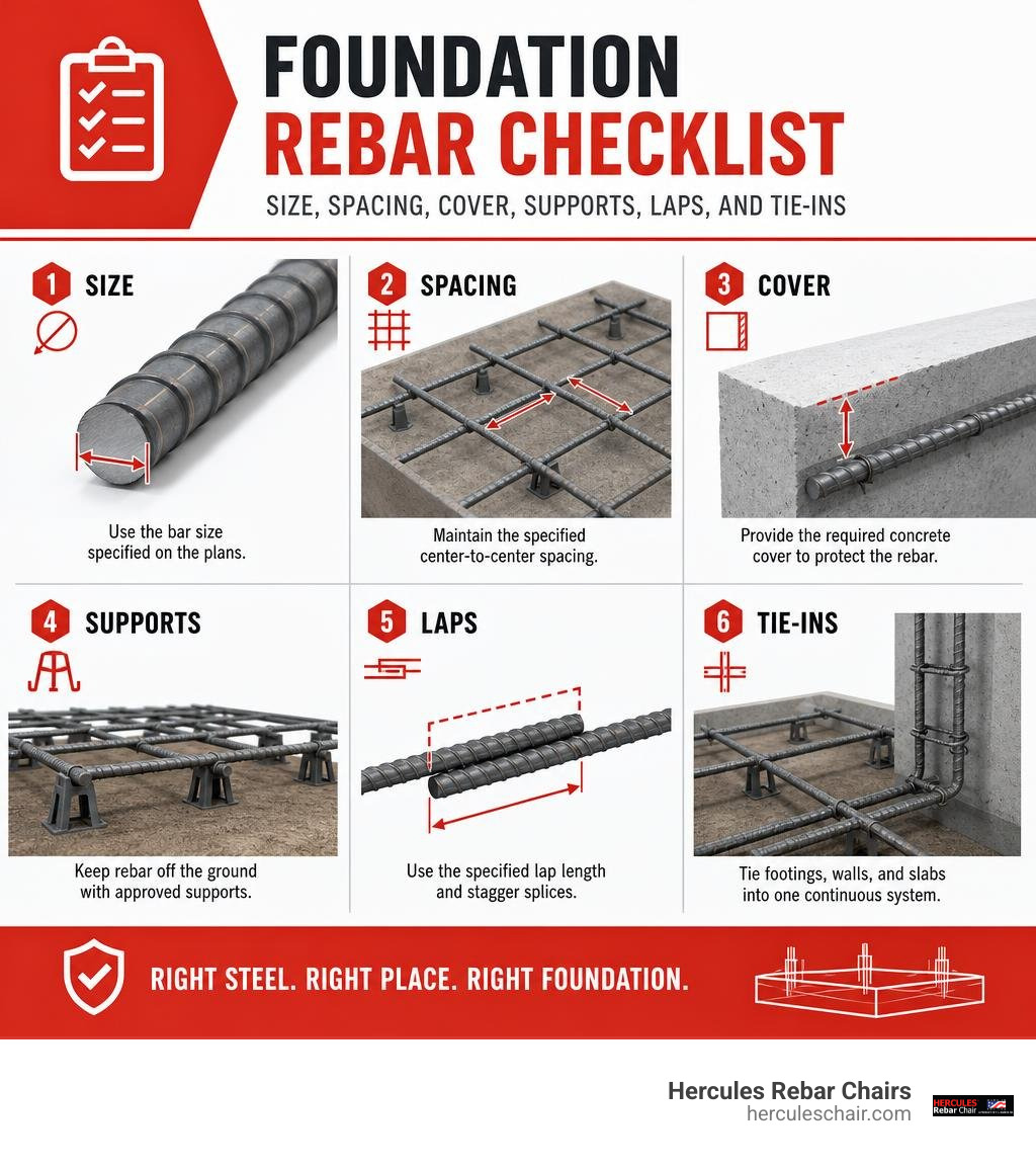 Foundation rebar checklist: size, spacing, cover, supports, laps, and tie-ins infographic Foundation rebar checklist: size, spacing, cover, supports, laps, and tie-ins infographic