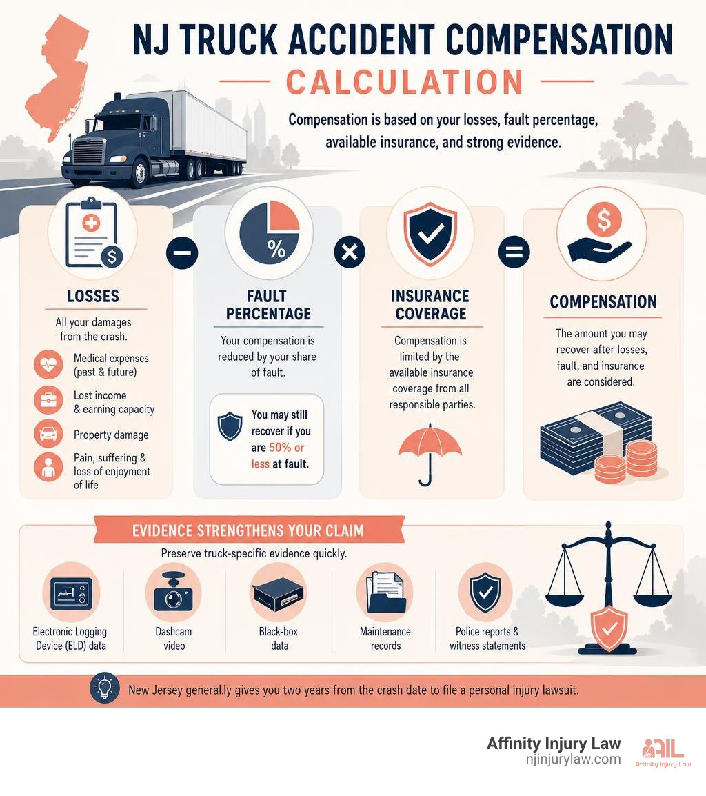 NJ truck accident compensation calculation: losses, fault percentage, insurance, and evidence infographic NJ truck accident compensation calculation: losses, fault percentage, insurance, and evidence infographic