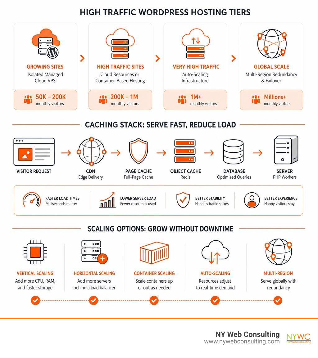 High traffic WordPress hosting tiers, caching stack, and scaling options infographic High traffic WordPress hosting tiers, caching stack, and scaling options infographic