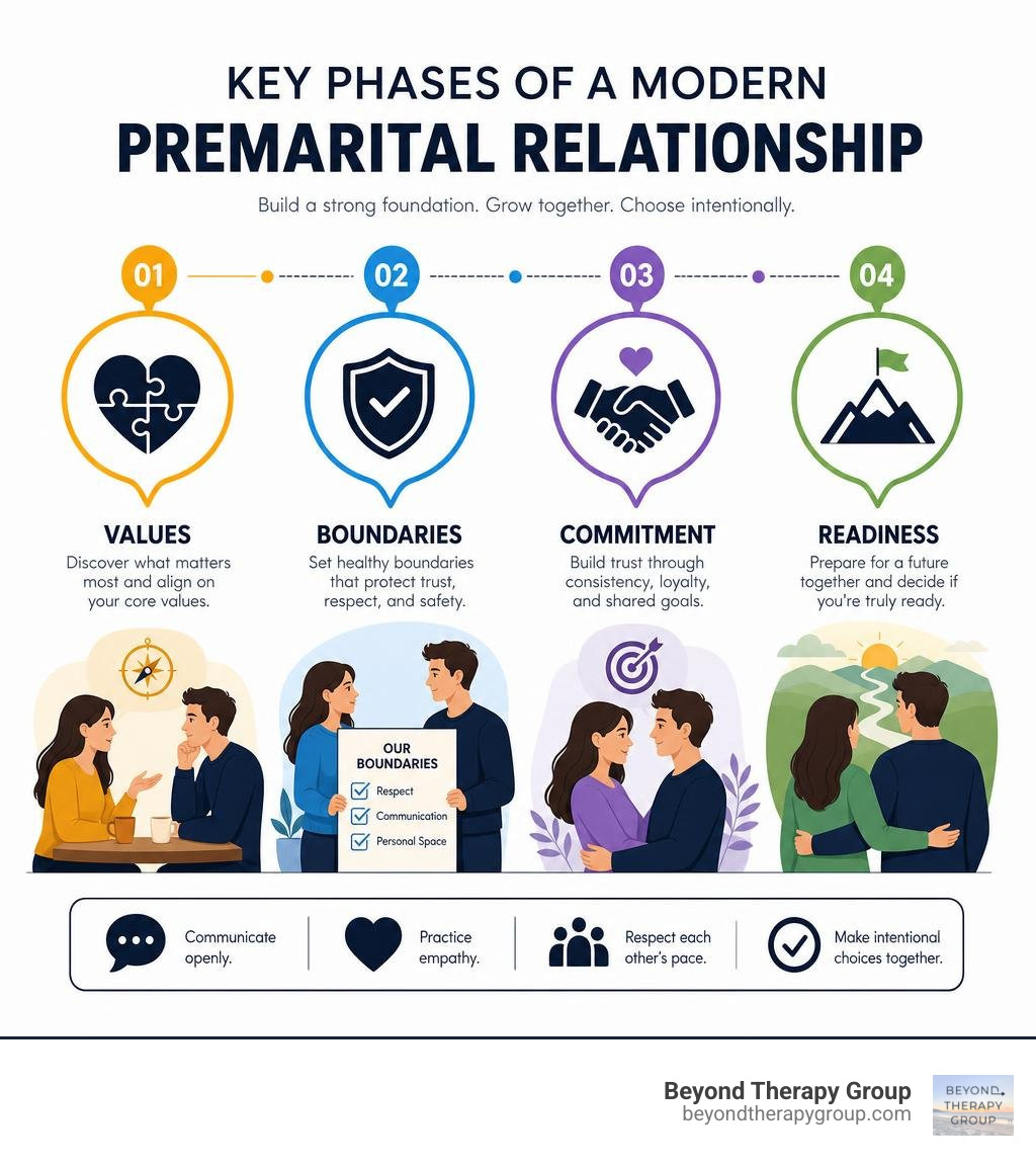 Key phases of a modern premarital relationship: values, boundaries, commitment, readiness infographic Key phases of a modern premarital relationship: values, boundaries, commitment, readiness infographic